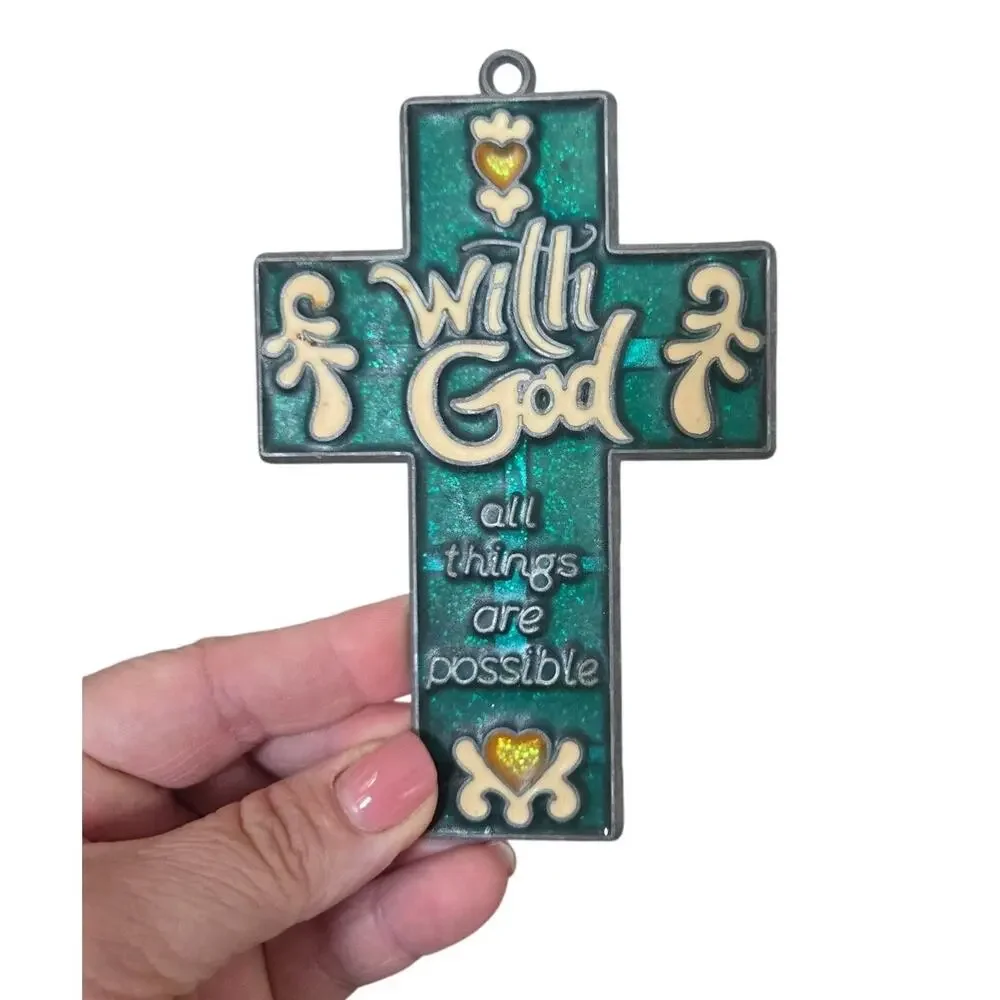 With God Cross Vtg Suncatcher Green Matthew 19:26 Window Stain Glass